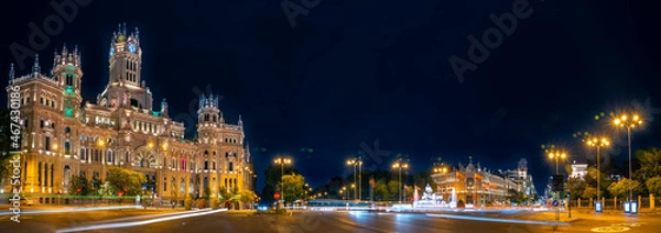 Fototapeta Night Panoramic of the Streets of Downtown Madrid With Cibiles Fountaion in the center