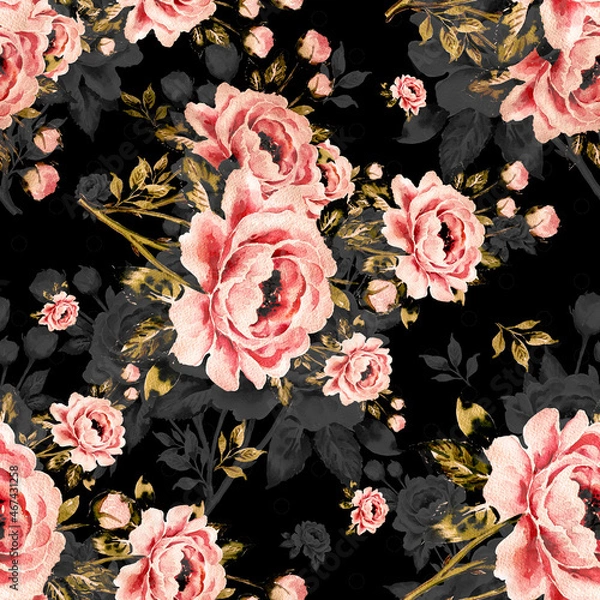 Fototapeta Seamless pattern of bouquets of roses.  Beautiful print for decoration of textiles and design. Flower background. Art drawing for surface. Tenderness decor.