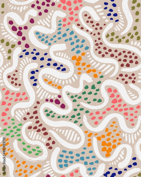 Fototapeta Ethnic African or Australian Wavy Seamless Pattern. Colorful Hand Drawn with a Brush Ribbons, Dots and Stripes. Trendy Vector Design for Fabric, Wrapping Paper, Gift Cards etc.
