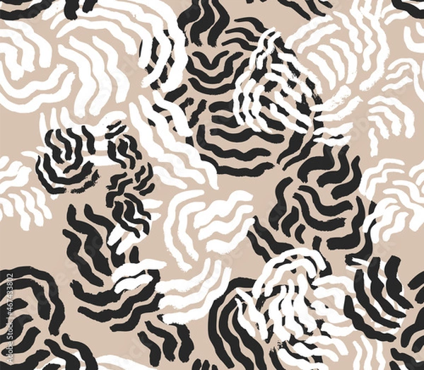 Fototapeta Modern Ethnic Hand Drawn with a Brush Vector Seamless Pattern. Black&White and Beige Design for Fabric, Wrapping Paper, Gift Cards etc.

