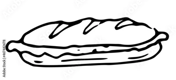Fototapeta Vector large sandwich icon. hand-drawn sandwiches from a long bun with salad. isolated outline on white for label menu design template