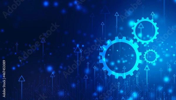 Fototapeta Process management, optimization operation, fix strategy industry, transmission gear wheel, software update status, Cog Gear Wheel with arrows on the technology abstract background