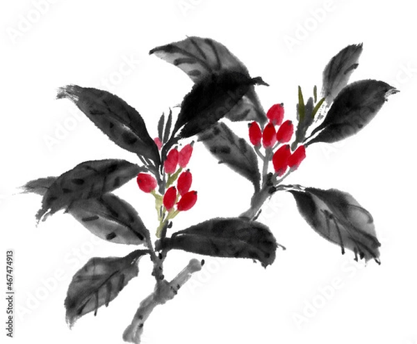 Obraz 水墨画技法で描いたアオキの実