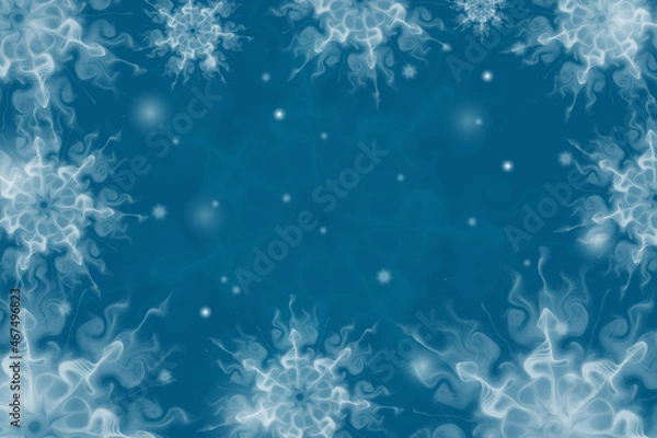 Fototapeta Abstract illustration on a dark blue background. Fractal soft white snowflakes and bokeh. Use for posters, cards, backgrounds, covers, web
