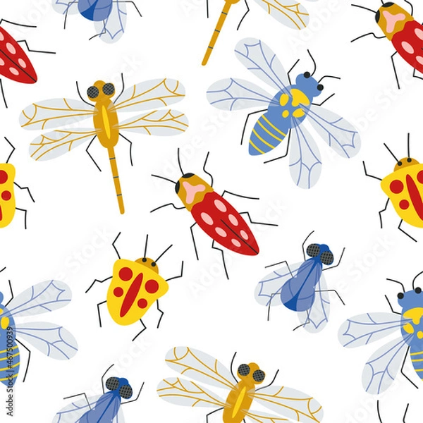 Fototapeta Vector illustration of colorful insect semless pattern isolated on white. Hand drawing style. Backdrop for wallpaper, print, textile, fabric, wrapping