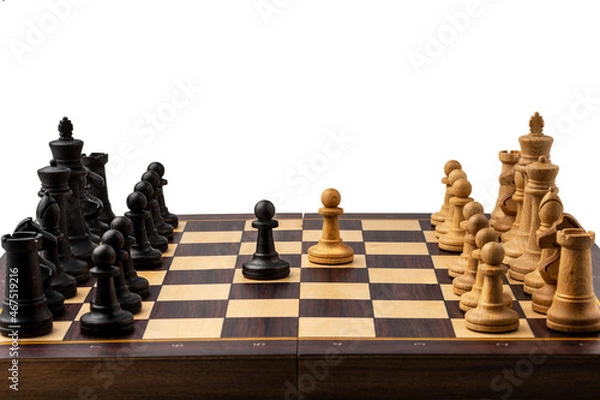 Fototapeta Chess on a chessboard with 2 pawns in the center on a white background