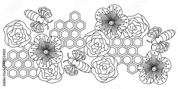 Fototapeta Honey Hand drawn doodle vector banner . Black and white line art illustrations. Honeycomb, flowers, bees, coloring book page