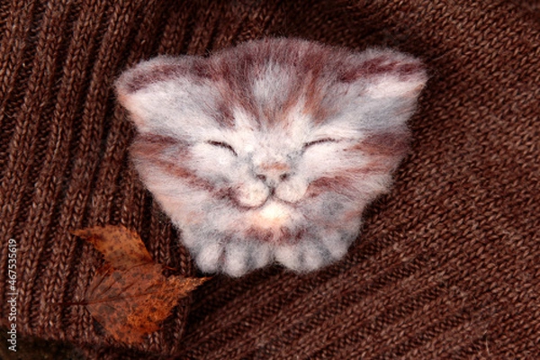 Obraz Sleeping cat brooch with knitted background. Wool kitten brooch. Handmade animal jewelry.