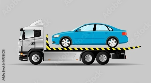 Obraz Image of a tow truck with a car on it. Transportation of a faulty car. Vector illustration.