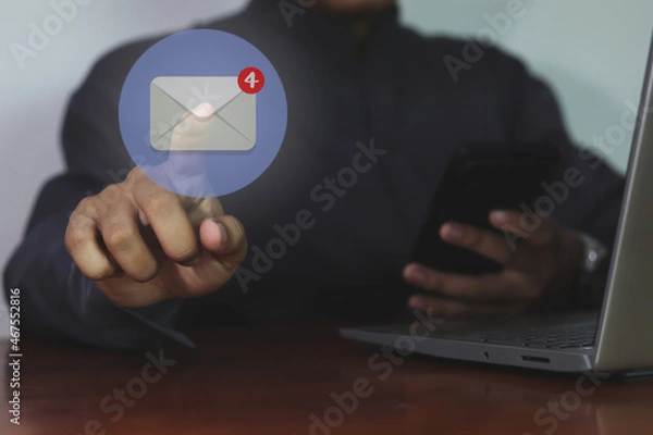 Fototapeta close up woman holding smartphone and checking email online on web with virtual interface technology concept