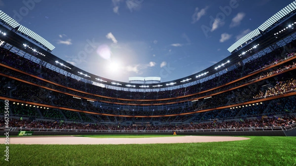 Fototapeta empty baseball stadium arena with fans crowd in the sunny day lights. High quality 3d footage render
