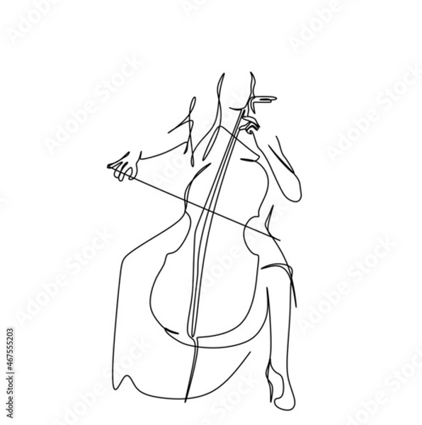 Fototapeta Continuous drawing with a single silhouette line of a woman playing the cello. A cellist in the minimalist style.