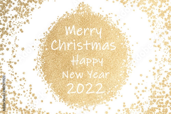 Fototapeta Golden glitter text Merry Christmas  and Happy new year 2022. Christams congratulation card concept.
