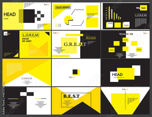 Fototapeta Powerpoint template in black and yellow colors. Interface, infographic, UI, UX element. Web design and brochure and magazine layout. Power point template set. Web banner and backgrounds. Presentation.