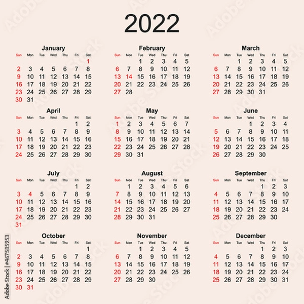 Fototapeta Calendar for 2022 with horizontal arrangement of days of the week