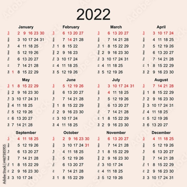 Fototapeta Calendar for 2022 with vertical arrangement of days of the week