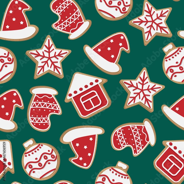 Fototapeta Vector seamless pattern. Red, white Christmas cookies isolated on green background.