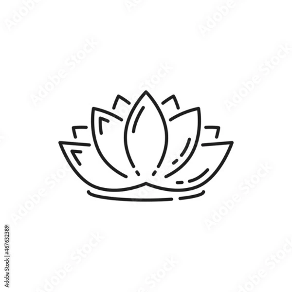 Fototapeta Lotus flower isolated water lily thin line icon. Vector blooming exotic waterlily, herbal cosmetics ingredient. Symbol of harmony and wellbeing, lily blossom linear sign, Thailand plant. Spa emblem