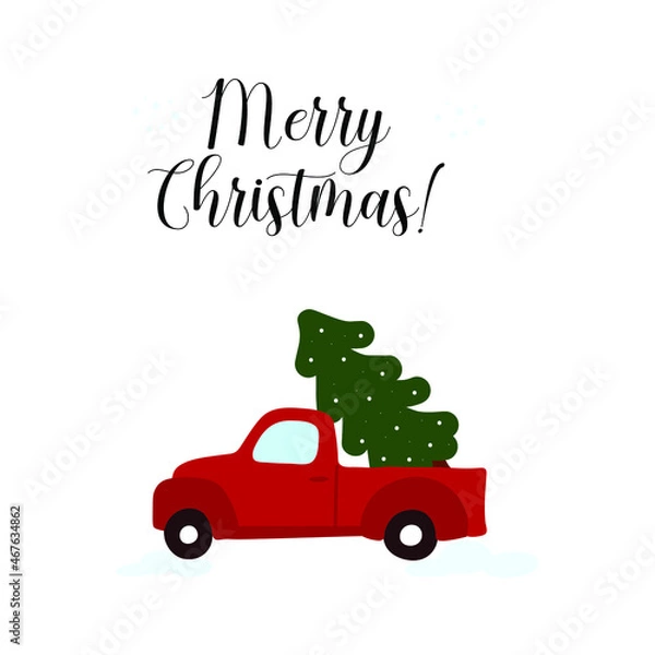 Fototapeta Holiday Greeting Card with Red Retro Track and Christmas Tree isolated on white. Vector Illustration.