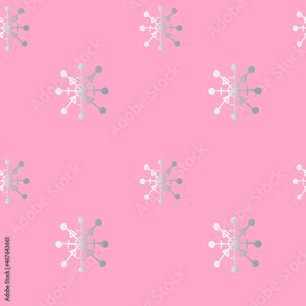 Fototapeta Seamless vector pattern with Christmas cute illustrations of silver line snowflakes on pink background.Winter,holiday print in doodle style hand drawn.Designs for textile,wrapping paper,scrapbooking.