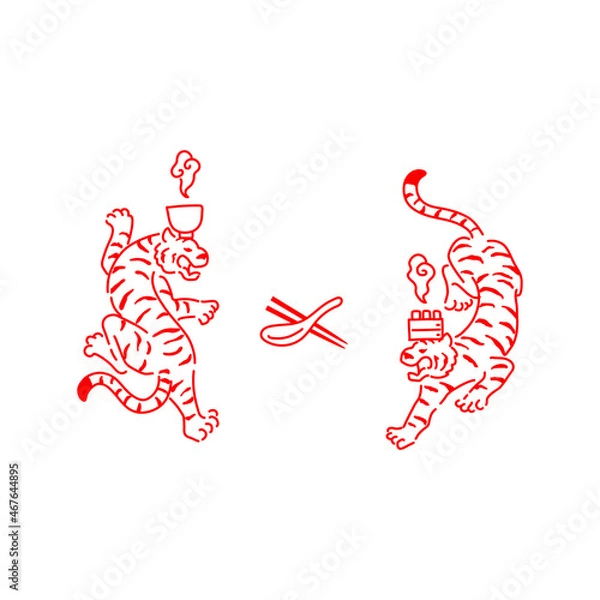 Obraz ラーメンを頭に乗せた虎、焼売を頭に乗せた虎、ロゴ、アイコン、シンボルマークデザインのための、２匹の虎のシンプルな線画