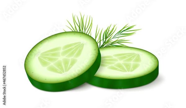 Fototapeta Two cucumber slices with dill isolated on white background. Realistic vector illustration.