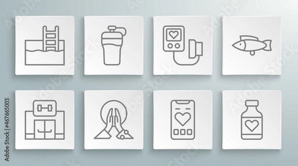 Fototapeta Set line Gym building, Fitness shaker, Meditation, Mobile with heart rate, Vitamin pill, Blood pressure, Fish and Swimming pool ladder icon. Vector