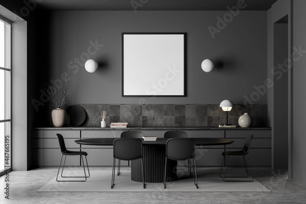 Fototapeta Square canvases in dark grey dining room