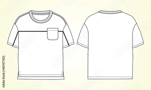 Fototapeta Short Sleeve with pocket Basic T-shirt overall technical fashion flat sketch vector Illustration  template front and back views. Basic apparel Design Mock up for Kids and boys
