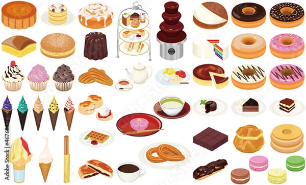 Obraz 世界の人気お菓子・スイーツのアイコン①（アフタヌーンティー、チョコフォンデュ、ケーキ、ドーナツ）