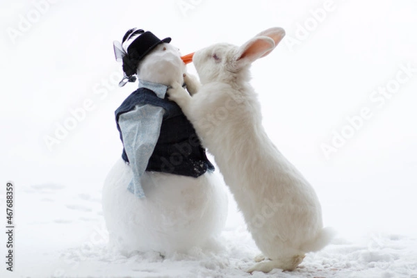 Fototapeta White rabbit and snowman. Rabbit and red carrots. White hare on the street in winter. The rabbit stands on its hind legs in the snow outside.