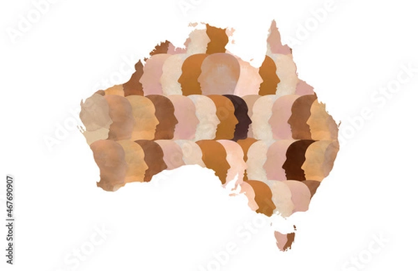Obraz Map of Australia with multicultural and diverse faces with different racial skin tones. Representation of Australian racism, immigration, equality, diversity, and asylum seekers.