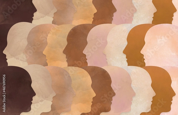 Fototapeta Diverse heads with unique ethnic skin tones illustrated with watercolour textures. A representation of immigration, cultural diversity, racism, equality and globalization