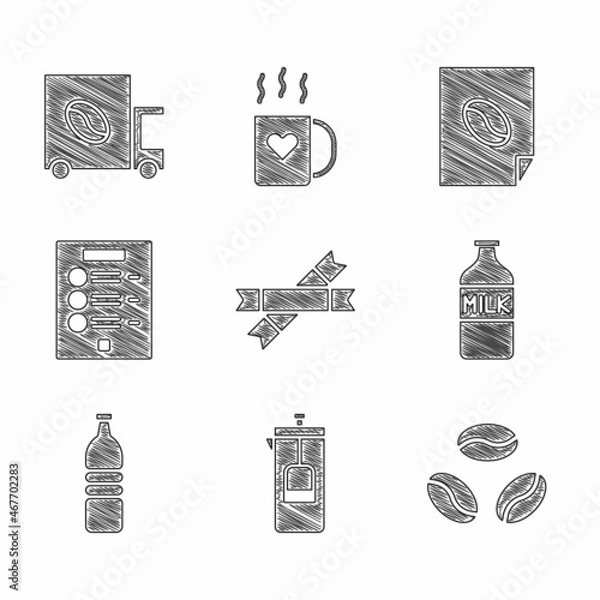 Fototapeta Set Sugar stick packets, French press, Coffee beans, Bottle with milk, water, menu, poster and street truck machine icon. Vector