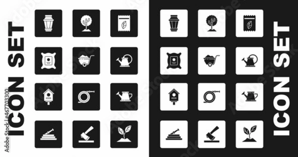 Fototapeta Set Pack full of seeds of plant, Wheelbarrow with dirt, Garden light lamp, Watering can, Tree, and Bird house icon. Vector