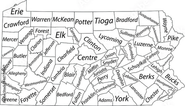 Fototapeta White vector administrative map of the Federal State of Pennsylvania, USA with black borders and name tags of its counties