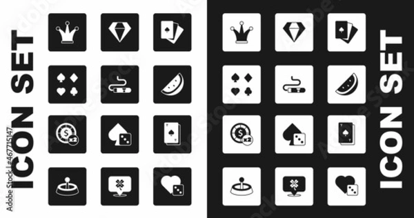 Fototapeta Set Deck of playing cards, Cigar, Joker, Casino slot machine with watermelon, Diamond, Playing spades and chips icon. Vector