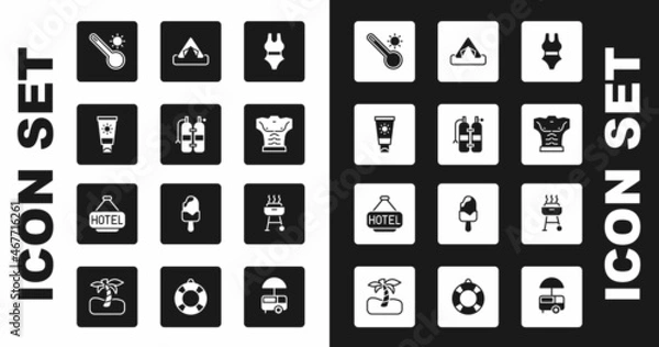 Fototapeta Set Swimsuit, Aqualung, Sunscreen cream in tube, Meteorology thermometer, Bodybuilder muscle, Tourist tent, Barbecue grill and Signboard with text Hotel icon. Vector