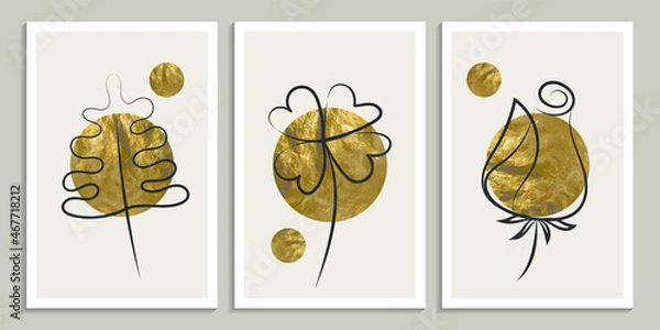 Fototapeta Gold botanical wall art set. Boho decor in earth tone with clover, oak leaf and rose. Modern art for cover, print, wallpaper and other. Minimalistic line vector illustration with abstract shapes.