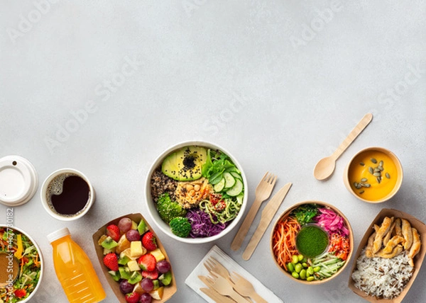 Obraz Healthy take away food and drinks in disposable eco friendly paper containers