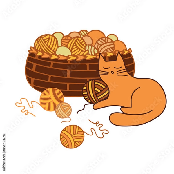 Obraz Isolated vector illustration card of cartoon cat sleeping with ball of threads and a basket