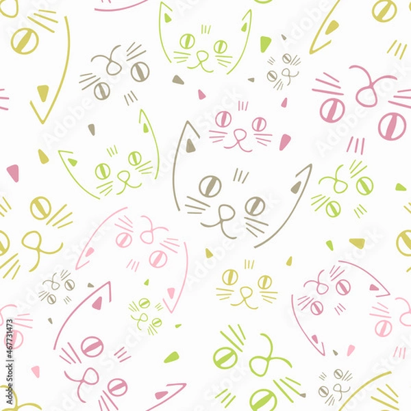 Obraz Seamless colorful vector pattern design of lined ornamental cartoon abstract cats snouts in pastel tones