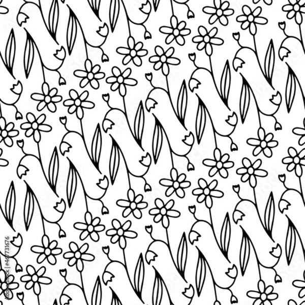 Obraz Seamless vector black and white pattern of ornamental lined white abstract flowers