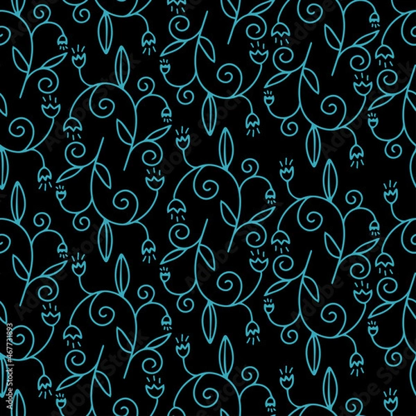 Obraz Seamless vector pattern of ornamental lined white abstract flowers in turquoise on black