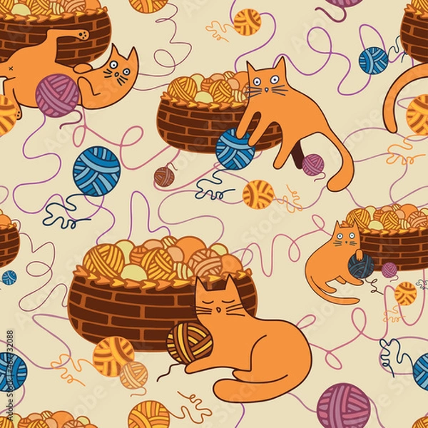 Obraz Seamless vector pattern illustration card of cartoon cat playing with ball of threads and a basket in pastel tones