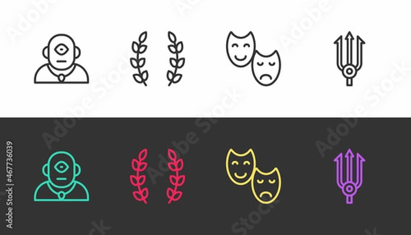 Fototapeta Set line Cyclops, Laurel wreath, Comedy and tragedy masks and Neptune Trident on black and white. Vector