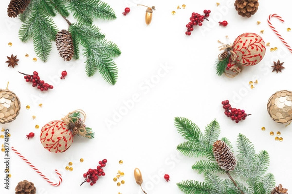 Obraz Christmas decoration on white background, flat lay, top view