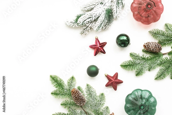 Obraz Red, green christmas decorations on white background, flat lay, top view