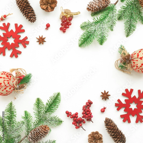Obraz Christmas decoration on white background, flat lay, top view