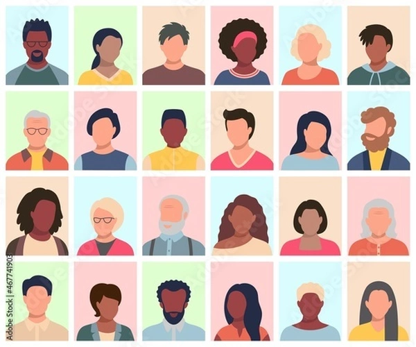 Fototapeta Set of persons, avatars, people heads of different ethnicity and age in flat style. Multi nationality social networks people faces collection.